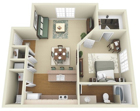 a 3d rendering of a bedroom with a living room